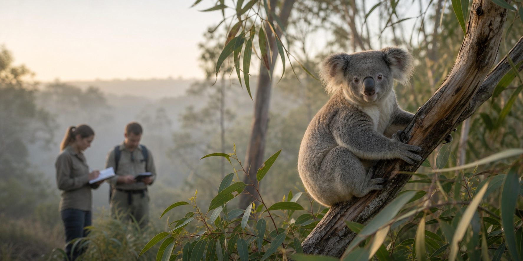 A koala in eucalyptus bushland with wildlife researchers observing in the distance